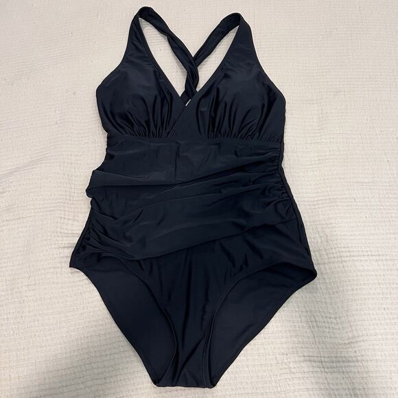 Eddie Bauer Ruched Shaping One Piece Swimsuit Women Medium Black Beach Vacation - Picture 1 of 11